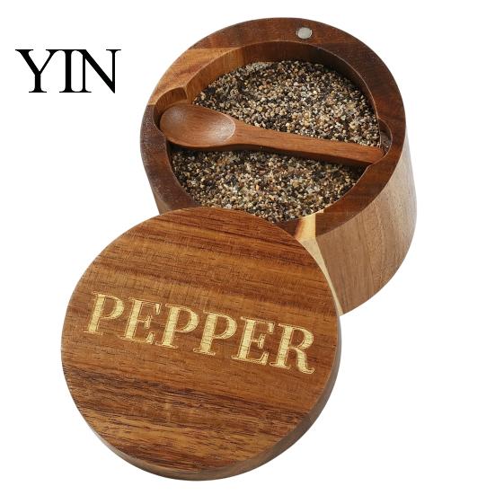 Seasoning Container with Spoon Wood Salt Swivel Magnetic Lid, Built-in Small Cellar for Countertop Jar, Moisture Proof Spice Kitchen Solid Box