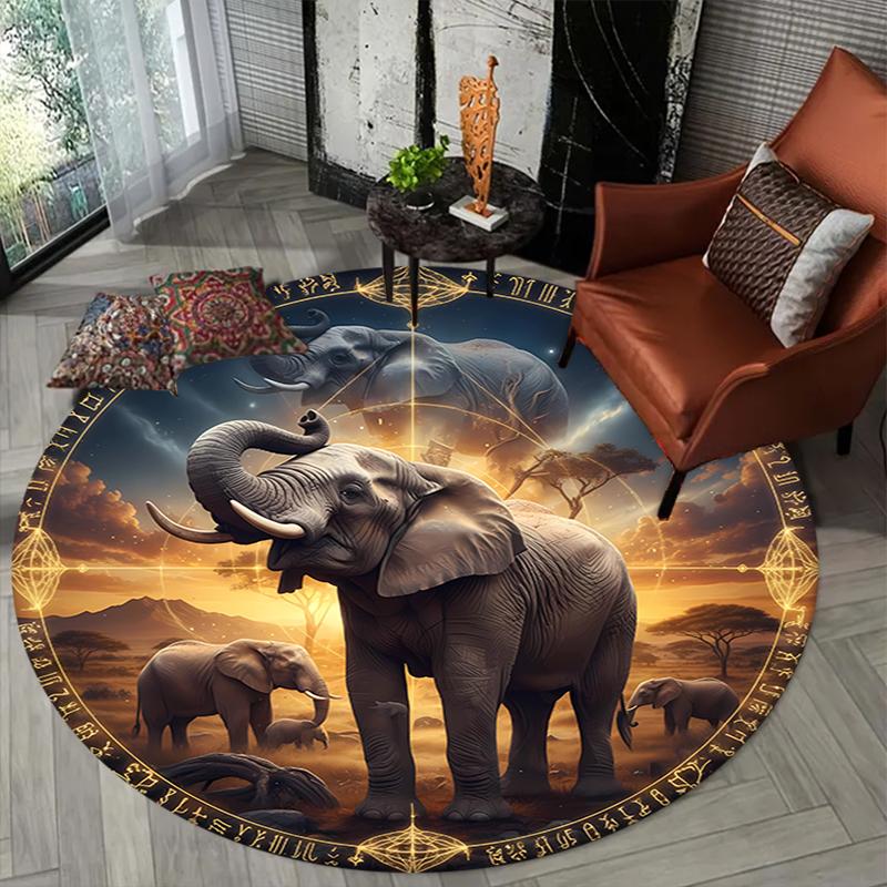 Elephant Lion Round Area Rug,Carpet Rug for Living Room Bedroom Sofa Playroom Decor,Non-slip Floor Mat