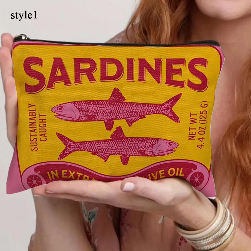 Vintage Sardinen Muster Kosmetiktasche mit Reißverschluss Leichter Reise-Kosmetik-Organizer für Frauen Langlebige Aufbewahrungstasche Münztasche