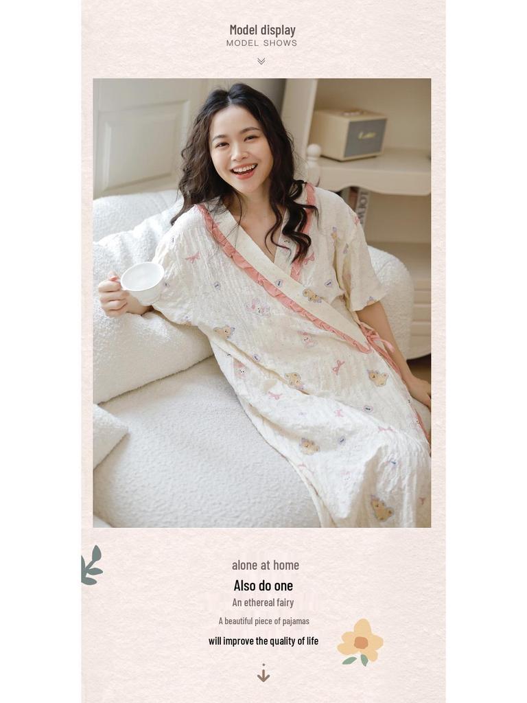 2025 Summer Kimono Maternity Nightdress - Crinkle Cotton, Postpartum Mid-Length, Short Sleeve Nursing Dress