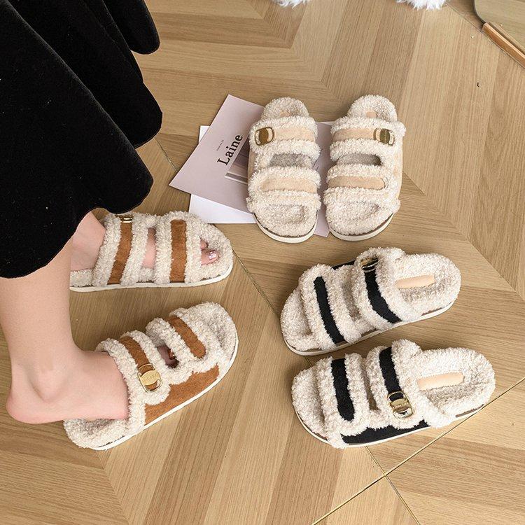 Ruth with INS thick bottom legs long hair slippers women wear autumn and winter versatile Internet celebrity one-word drag tide