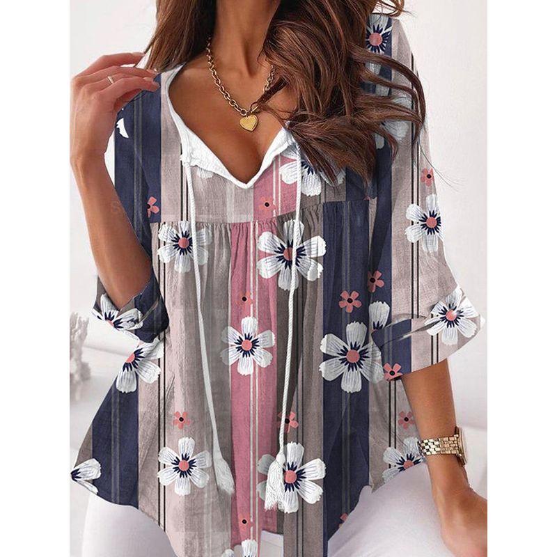 American Shiying Fresh Floral Print Chiffon Shirt Women 2025 Summer New Color Matching V neck pullover