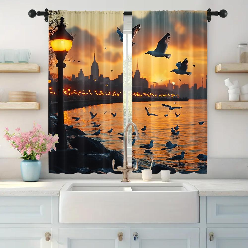 

2pc, Scene Curtains Golden Sunset Seagulls Durable 100% Polyester Fabric,Without Electricity Family Party Perfect for Indoor 29x65in(75x166cm)