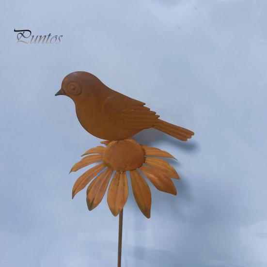 Retro Rust Finish Garden Stake Rusty Decorative Stakes, Metal Flowers Birds Decoration, Daisy Ground Bird Stake, Plant Container Decorations