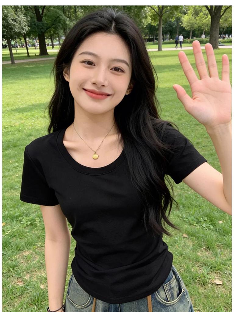 Women's Slim Fit Pure Cotton White Short-Sleeve T-Shirt - Round Neck, Versatile Basic Summer Top