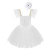 Girls Mesh Dance Dress Flutter Sleeve Spaghetti Straps Lace Floral Tutu Skirt Performance Outfit with Headdress