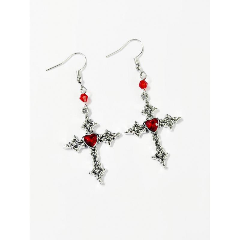 Gothic Style Red Heart Cross Earrings