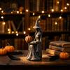 Tabletop Witch Decoration Halloween Statue, Gothic Figurine with Pumpkin And Book, Matte Black Fall Holiday Decorations Sculpture, Mantel Shelf