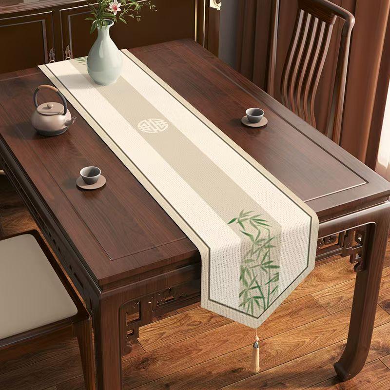 Chinese Style Table Flag Waterproof Oil Resistant Tassel Table Runner Tea House Tea Towels Zen Tea Table Cloth Hotel Bed Flag