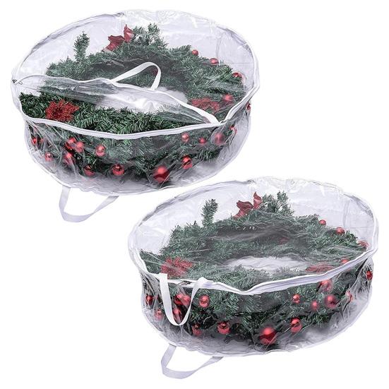 1/2 Pcs Garland Storage Bag Round PVC Transparent Dustproof Design Easy To Carry Handle Christmas Wreath Storage Bag