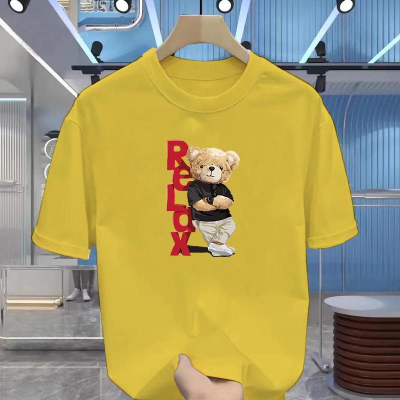 Men's Summer 100% Cotton Fashionable Casual Loose Large Size Letter Bear Printed Sports Round Neck Short Sleeve T-shirt Top
