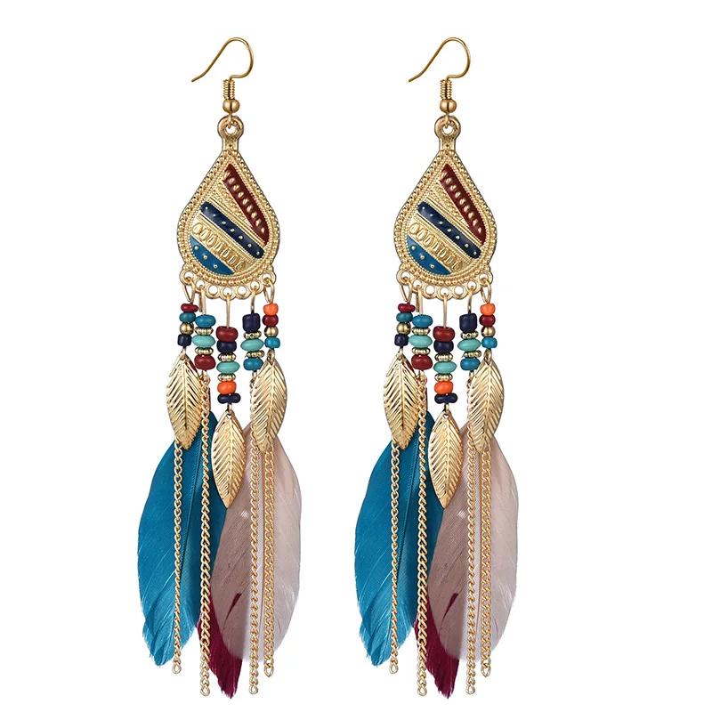 Bohemian Colorful Feather Tassel Earrings For Women Ethnic Beads Drop Statement Hanging Earrings Girls Fashion Jewelry Gift
