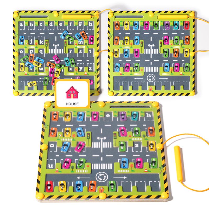 Kids' Wooden Train Garage Magnetic Maze Bead Game - Pen Control & Counting Board Educational Toy
