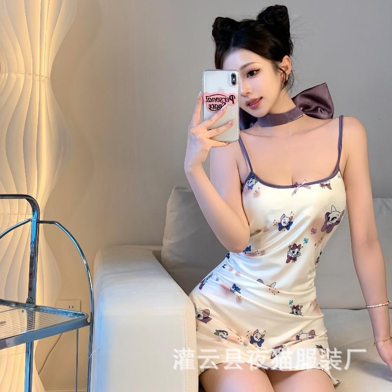 Fun Print Suspender Nightdress Chest Pad Women's Summer Sleeveless Tight Short Skirt Pure Desire Hot Girl Sexy Waist Hip Skirt