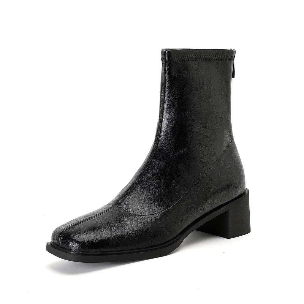 Weiwei Girl 6688-1 Stumme Sohle Elastische Skinny Stiefel Damen Herbst Dicke Ferse Kurze Stiefel Pendler Vintage Schwarze Stiefel