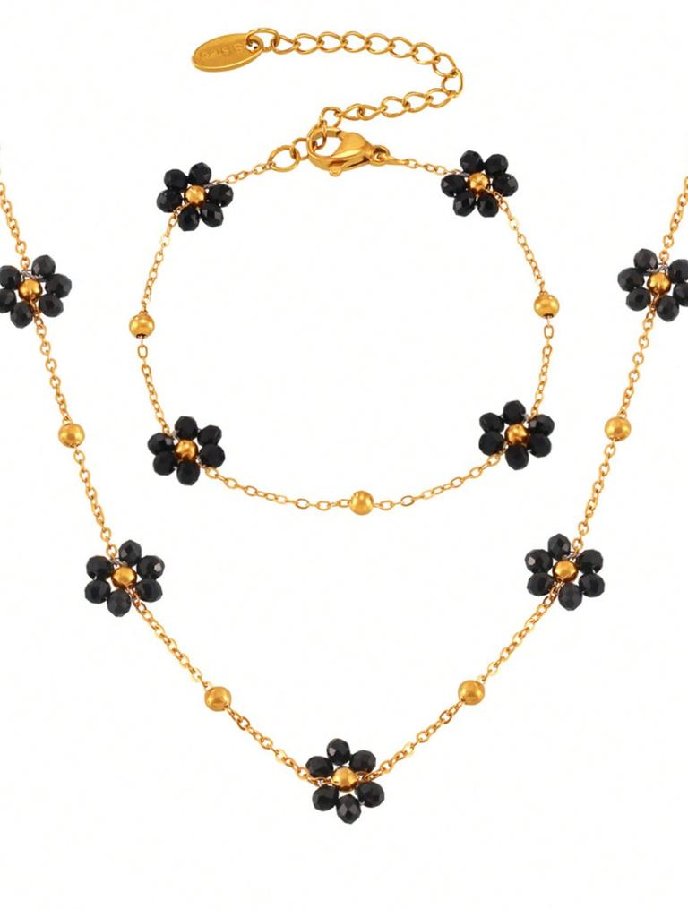 1 Set Vintage British Style Stainless Steel Zircon Set with Natural Stone Beads and Flower Decoration, Women's Zircon Gift