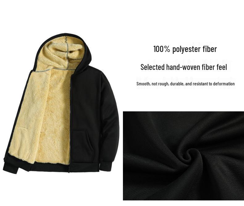 Men's Black Lambswool Thick Winter Hooded Coat with Zipper - Versatile, Loose-Fit Hoodie