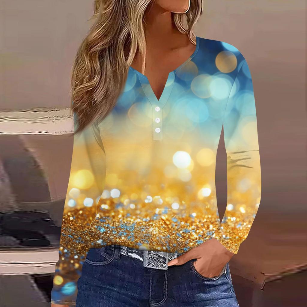 Damen T-Shirt mit Knopfleiste, langärmelig, für den Alltag, Wochenende, modisch, Basic, V-Ausschnitt, normales Oberteil