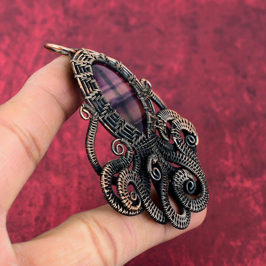 Multi Fluorite Pendant Copper Wire Wrapped Pendant Octopus Pendant Handmade Wire Wrap Jewelry Gemstone Pendant Copper Jewelry Gifts For Mom