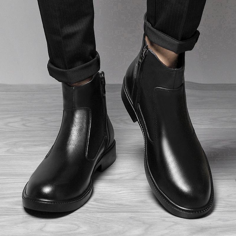 Men's Genuine Leather High-Top Boots with Side Zip and Plus Velvet Lining: Autumn/Winter Fashion Slip-On Shoes