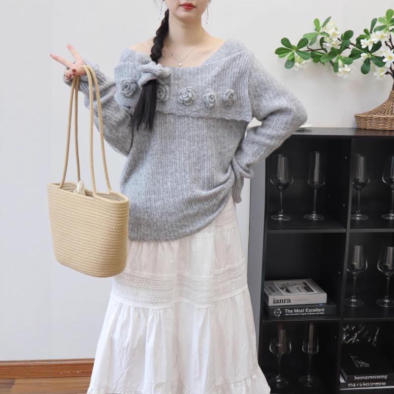 Autumn and winter new three-dimensional flower shoulder knitted sweater top temperament soft waxy sweater pullover woman