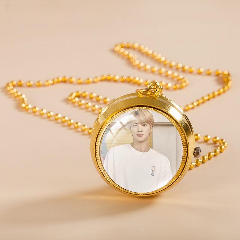 BTS Naszyjnik z kieszonkowym zegarkiem z obracanym zdjęciem grupowym, Wisiorek na łańcuszku kulkowym, Biżuteria akcesoryjna dla fanów Kpop ARMY