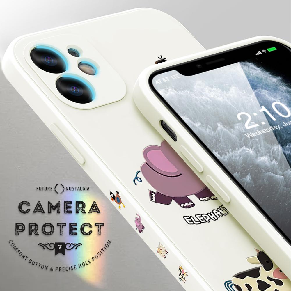 Cartoon Colorful Pattern Printing Phone Case Square Liquid Silicone TPU Full Cover Camera Shockproof Protection Cover for Samsung Infinix Tecno