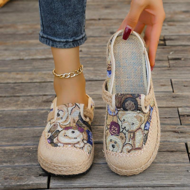 Chaussures d'été à enfiler pour femme, Espadrilles décontractées à bout rond style bohème en lin