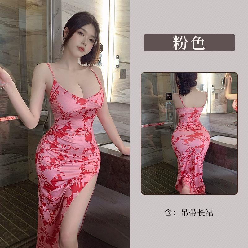 Sexy Sleepwear Small Chest Seduces Cheongsam Slit Printed Long Dress Elegant Pink Sweet Dresses 2025 New Fashion Women JZI4