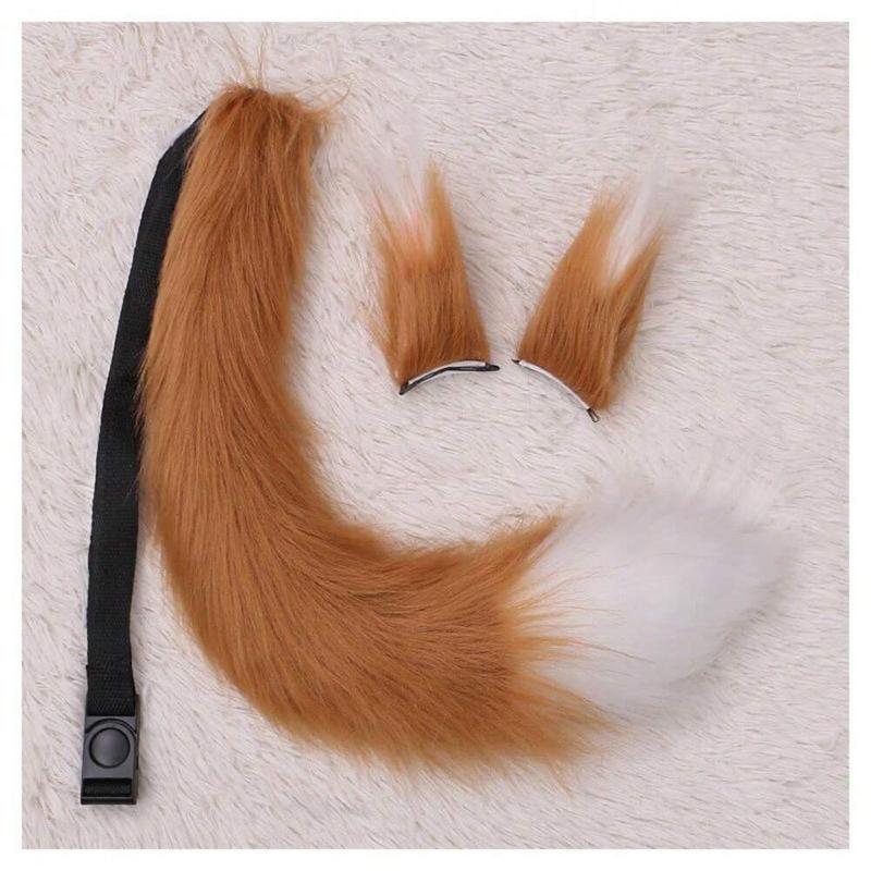 Long Furry Fox Tail Ears Hair Clips Set Anime Cosplay Costume Props Lolita Animal Cat Tail Fursuit Plush Tail Faux Fur Haripins