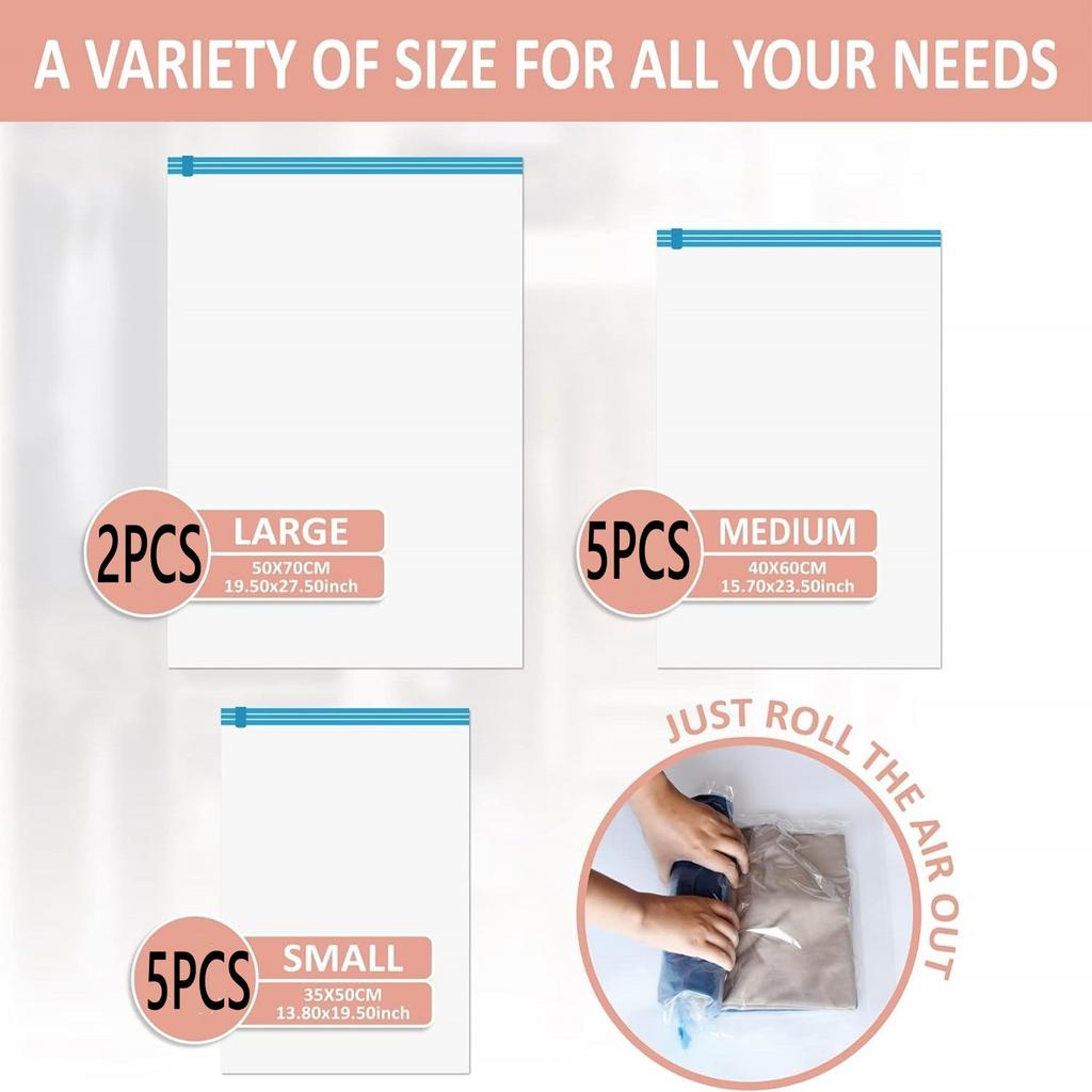12PCS Compression Bags Travel Reusable Roll Up Vacuum Storage Bags Space Saving Packing Bags for Suitcases Organizer