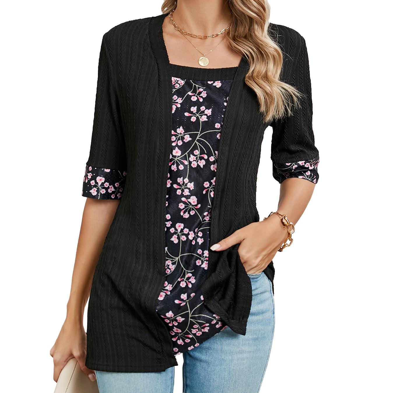 

Летняя женская футболка из двух частей с квадратным вырезом и средним рукавом с принтом 2XL чёрный