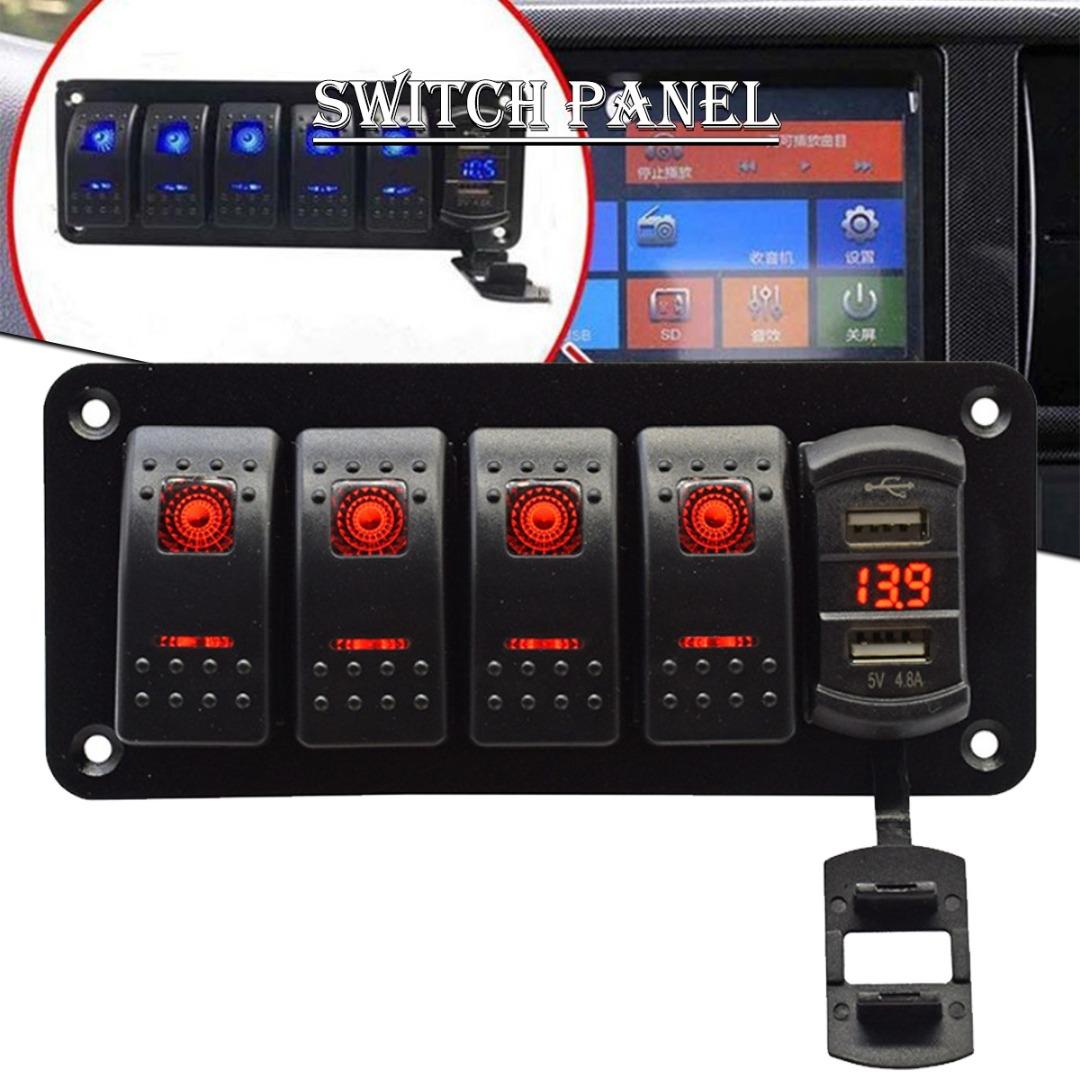 

PDTO 5 Gang Toggle Кулисный переключатель Панель Dual USB для автомобиля Лодка Морской грузовик RV Синий светодиод