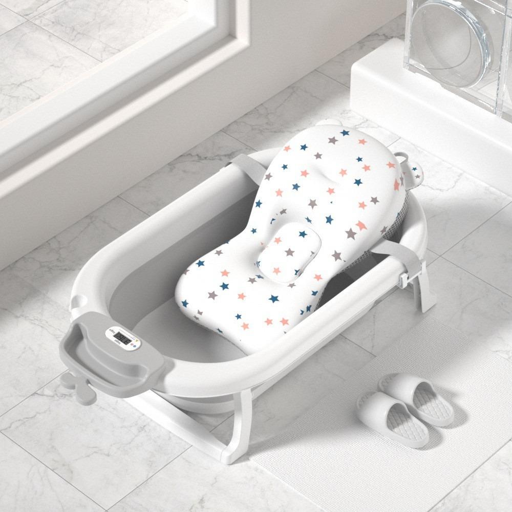 Foldable Baby Bath Tub Ergonomic with Temperature & Cushion Bath Pad + Bath Net