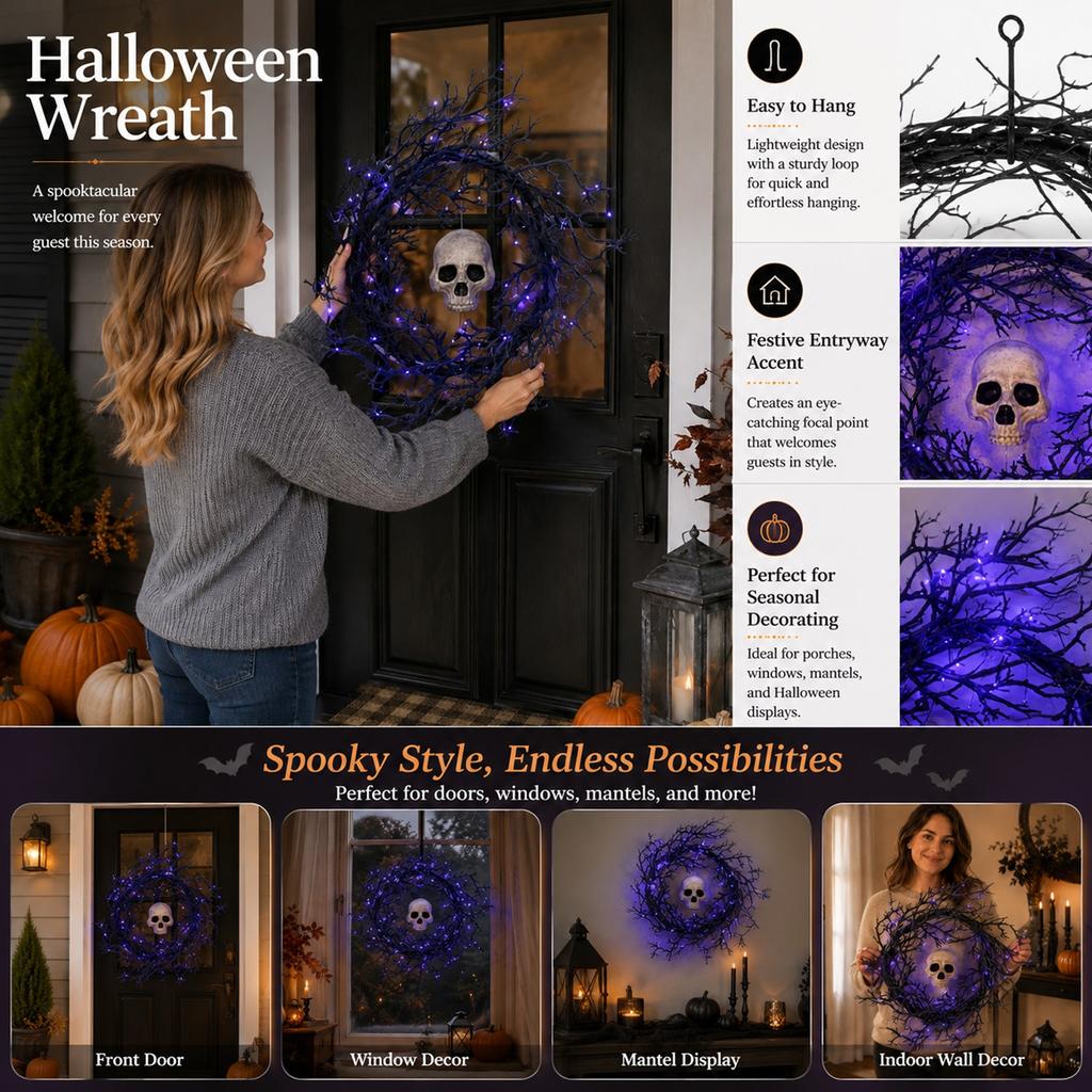 Lighted Halloween Wreath with 50 LED Lights for Porch Outdoor Party Decoration