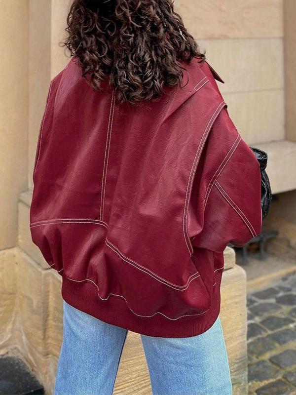 Retro Spliced Leather Zipper Jacket - Fall/Winter 2024, Long-Sleeve Lapel Coat