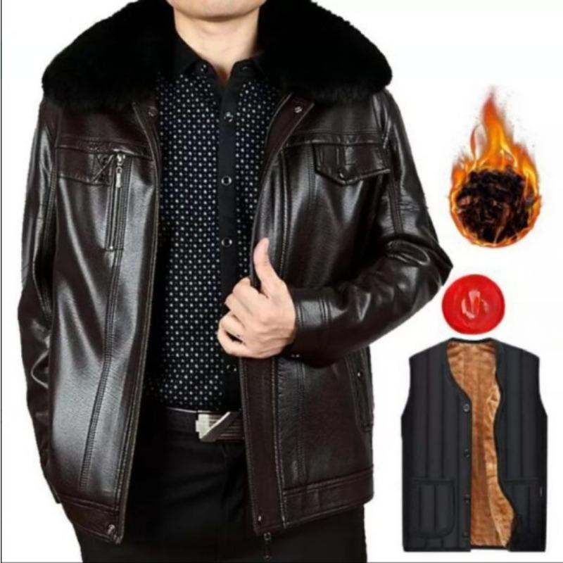 Tátova kožená bunda plus sametová bunda pro muže středního věku kožená bunda zimní zateplená volná střední kožená bunda pro muže