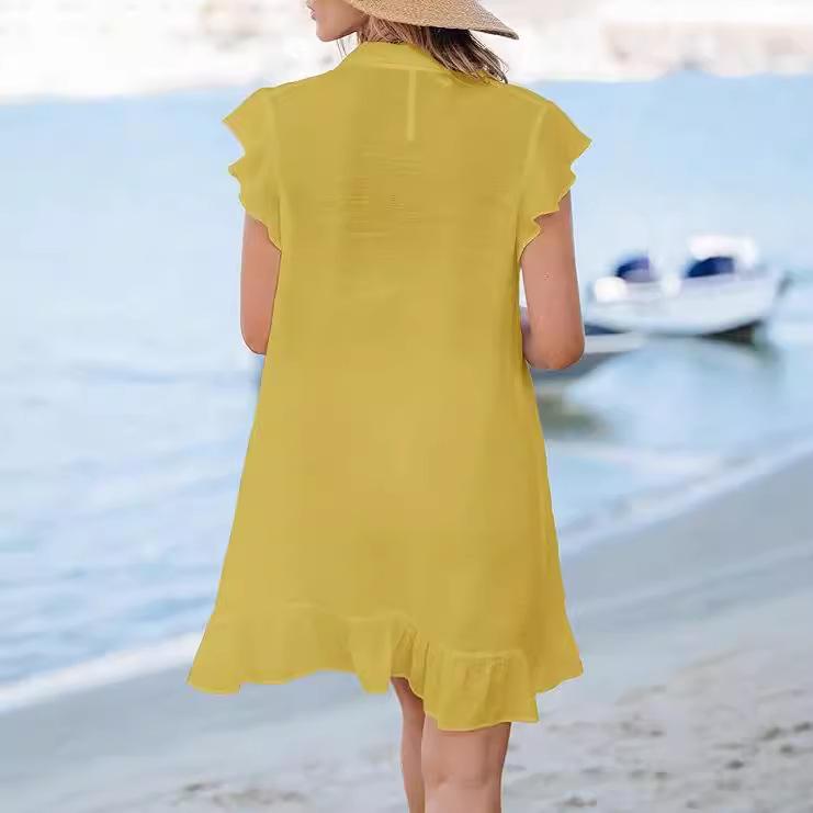 VEZFAA Women's Fashion Summer Spring Solid Color Print Short Sleeve POLO Neck Loose Waistlinet Casual Dresses