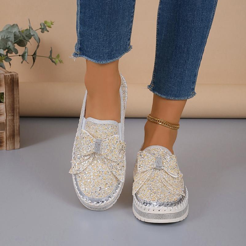 Large size muffin platform single shoes women's new flat bottom round head bow sequins one pedal lazy shoes
