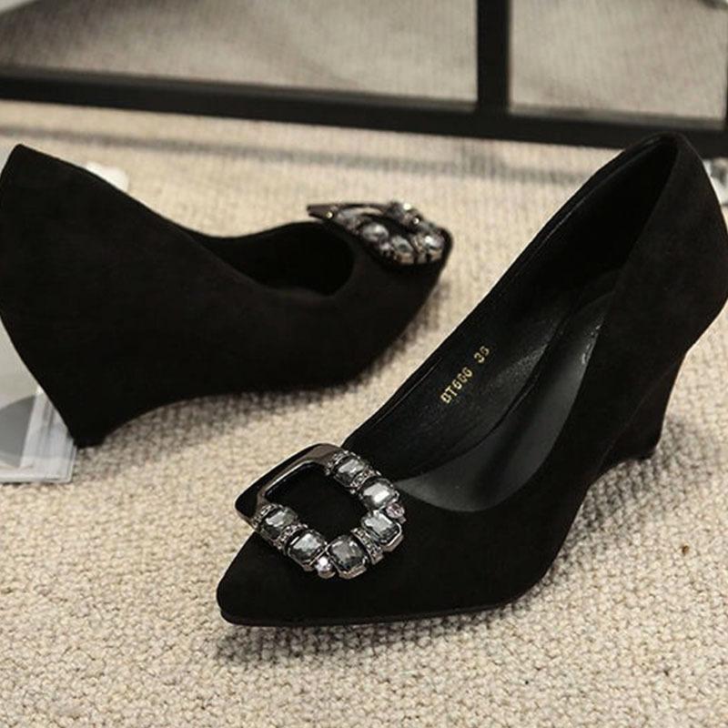 Slope Heel Fashion Shoes Women Spring New Water Diamond Pointed Shallow Mouth Soft Sexy High Heels Women Black Retro Footwear 43
