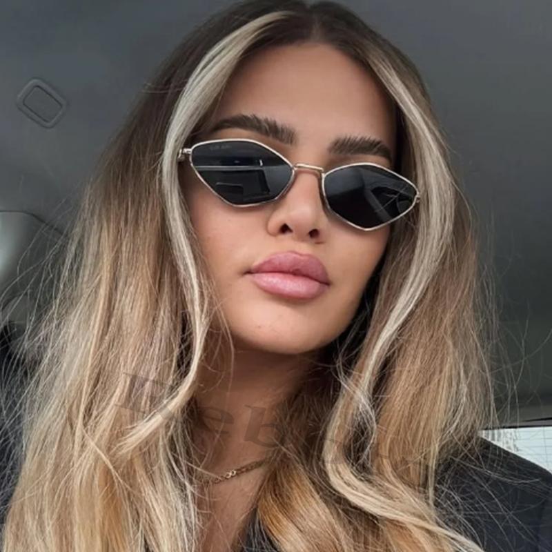 Rhombus Polygon Small Frame Sunglasses Women Fashion Oval Retro Outdoor Sun Glasses Luxury Metal Cat eye Eyewear UV400 Sexy Girl
