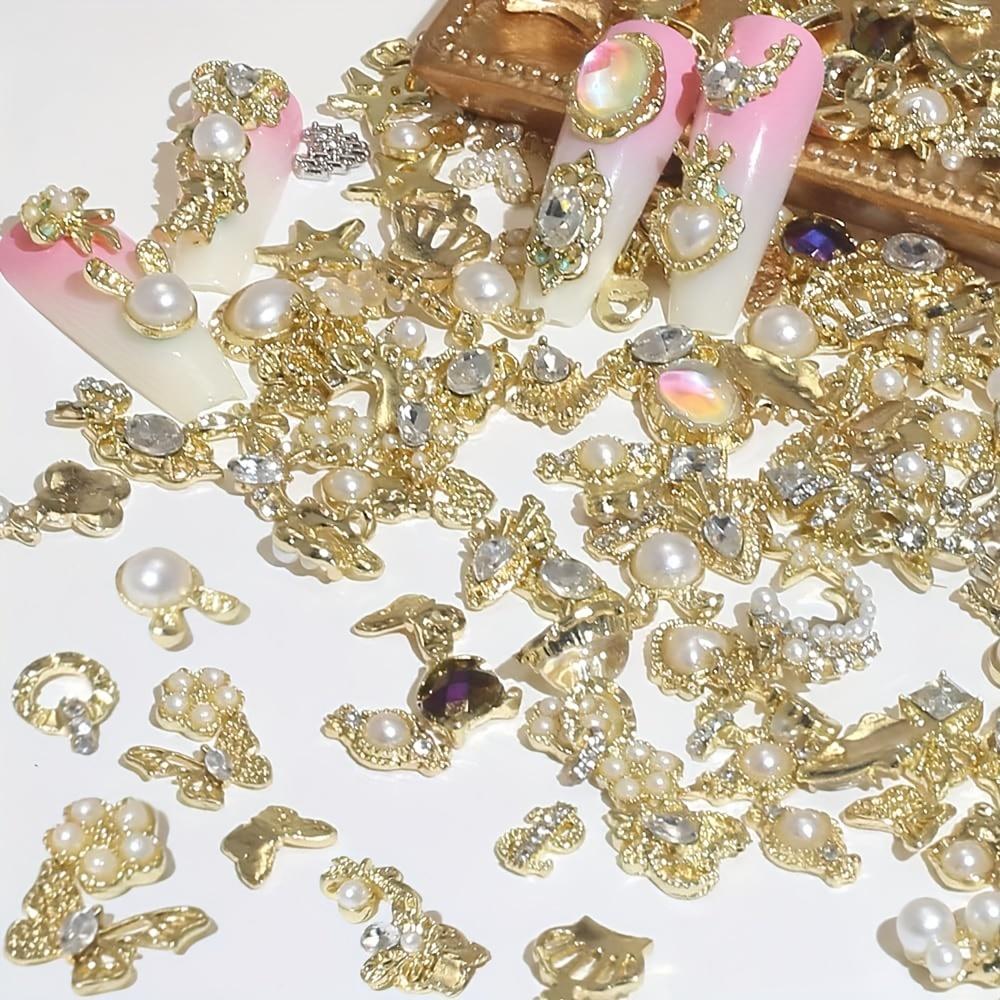 30pcs Luxury Nail Charms With Rhinestones/Pearls, Silvery Golden Nail Art Accessories, 3D Alloy Nail Art Jewelry For Nail Art Decoration