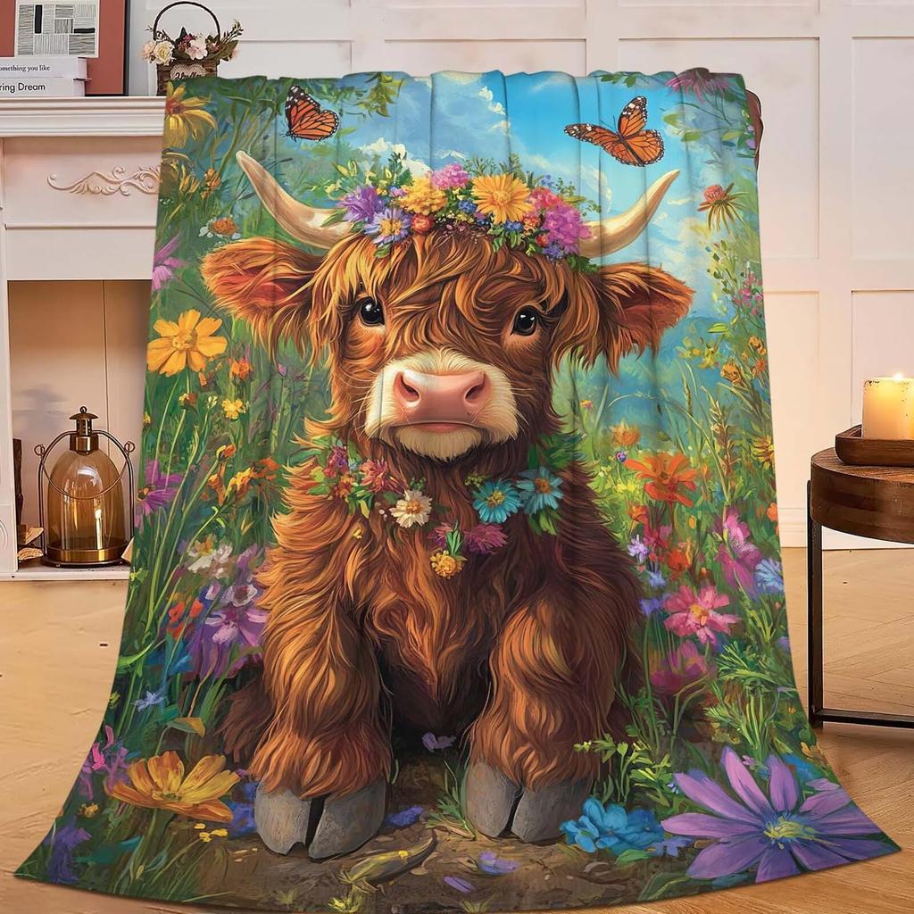 Cute Highland Cow Fleece Blanket Soft Cozy Farm Animal Flannel Throw Blanket for Farmhouse Bedroom Sofa Couch Outdoor Travel