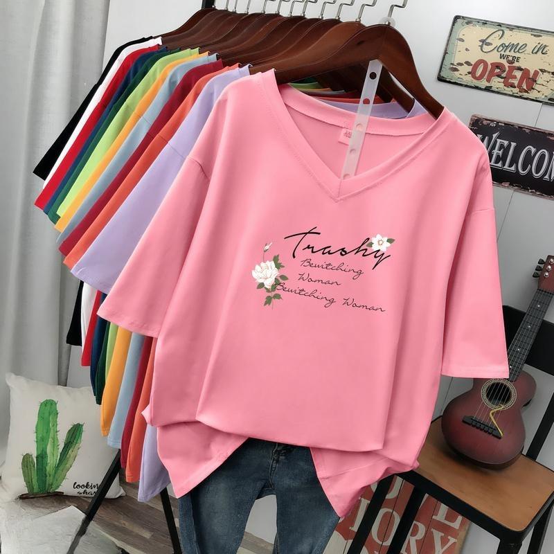 Short-sleeved T-shirt for Women, Large Size, Loose and Slimming, Printed V-neck Top