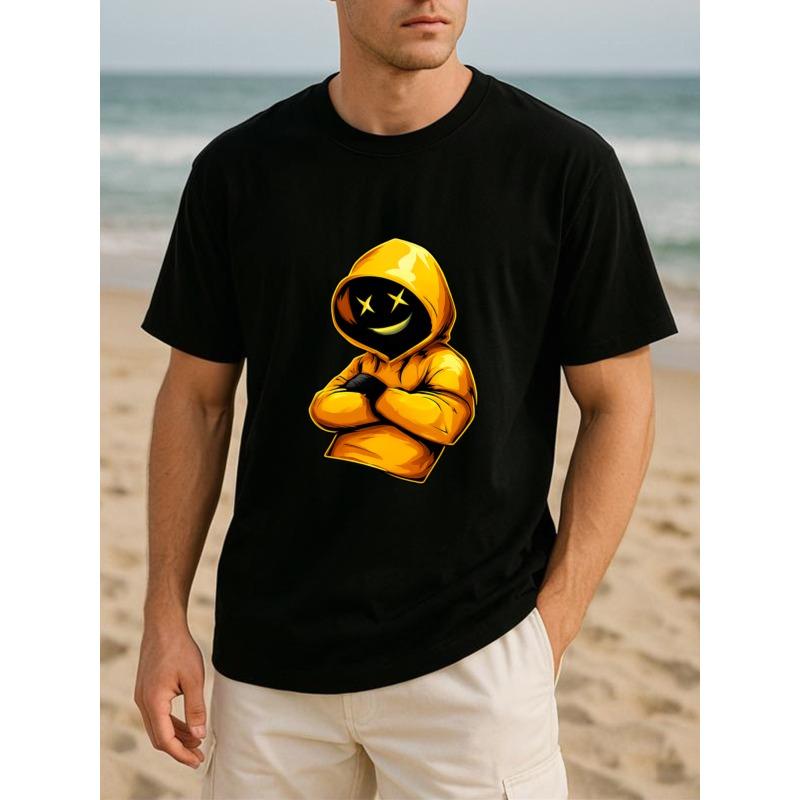 European size Yellow Hat Smiling Face Little Figure Cool Street Style Summer Fashion T-shirt, Casual Short-sleeved T-shirt, Round-neck Top