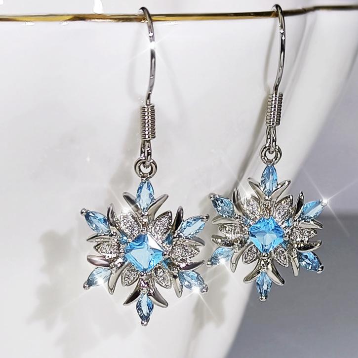 Classic Wedding Jewelry Set Snowflake Ring Blue Zircon Women'S Stud Earrings Necklace Ring Set Jewelry