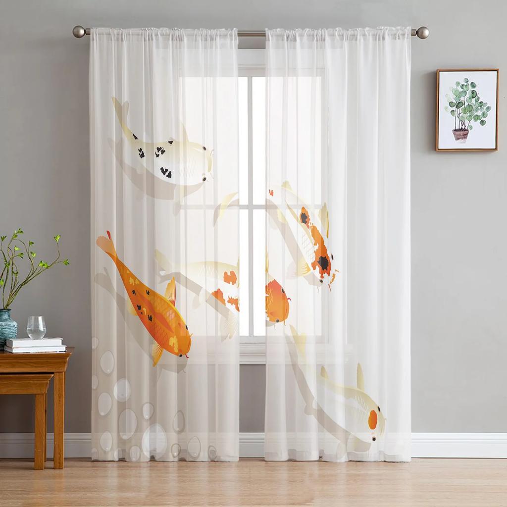 Modern Polyester Carp Chinese Style Toyo Tulle Curtains Living Room Bedroom Voile Drapes Printed Design Light Filtering Made Of Area Decor