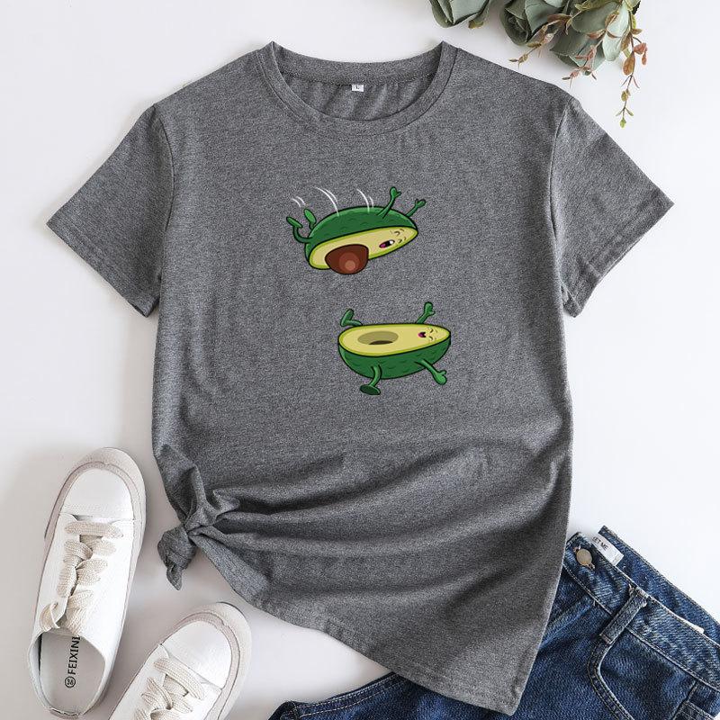 Seasonal Round Neck Avocado Pattern Printed Top Fashionable Casual Short Sleeved Women's Pure Cotton T-shirts