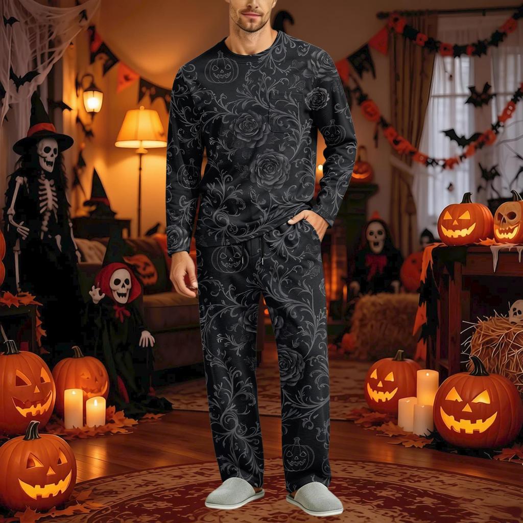 Men's Halloween Pajama Set Long Sleeve Long Pants with Crotch Buttons and Elastic Drawstring Waist