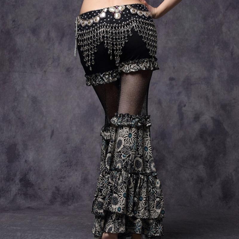 Women's Tribal Belly Dance Pants Mesh Patchwork Flared Pants Bellydance Costume for Performances Halloween Party